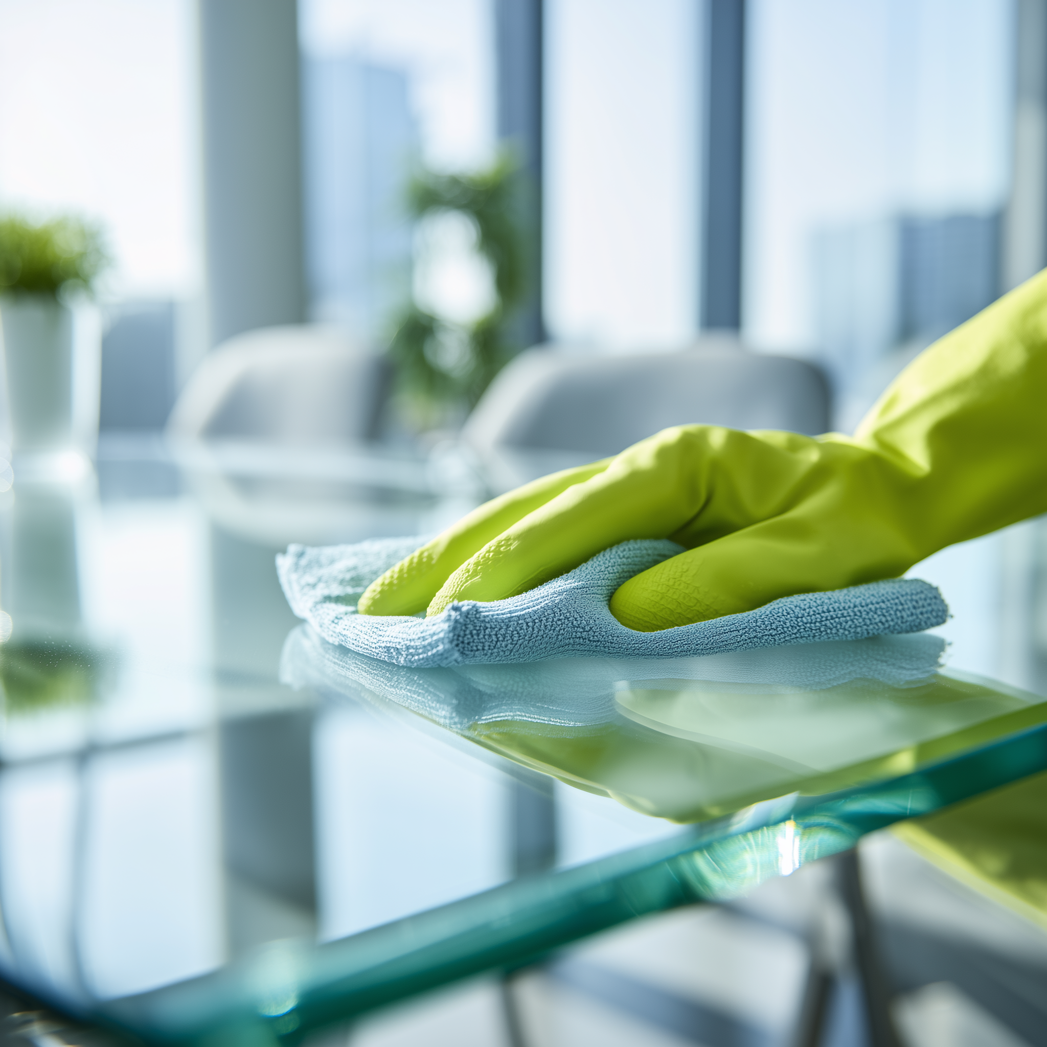 ideenhaus Professional cleaner wiping glass table in a modern o 8ce2a98a 562d 4a9c a5f8 63e246b62f65